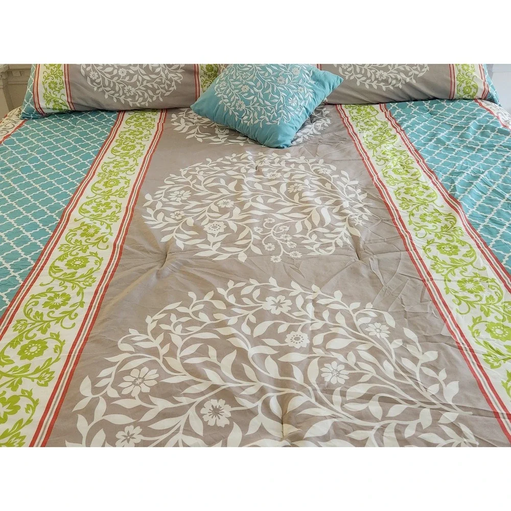 5 Pc Reversible King Comforter Set Floral Vine & Lattice Blue Gray Design